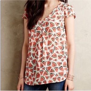 Anthropologie Maeve Picnic Days shirt red cream watermelon summer pom poms